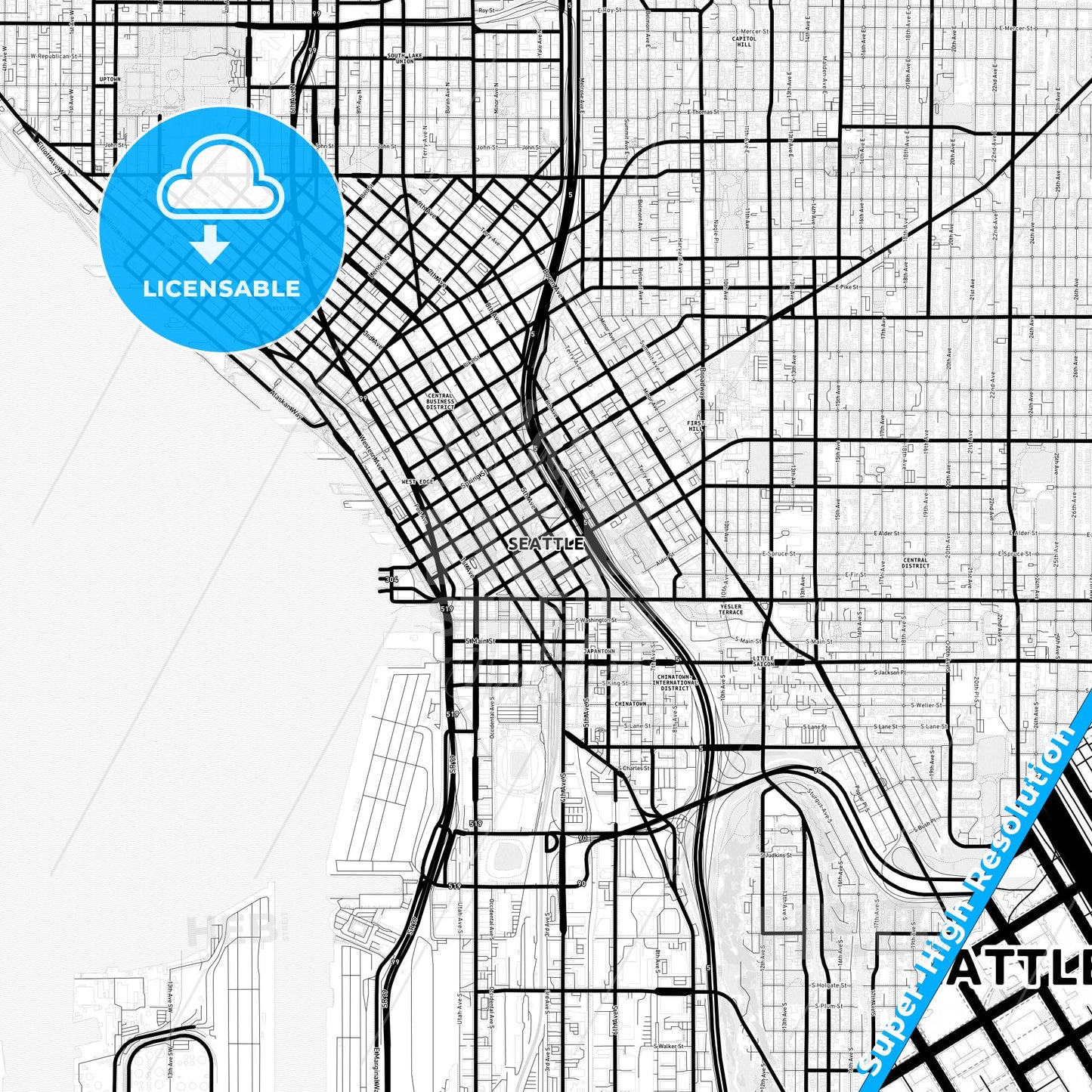 Seattle, Washington Light Map with Street Names, City Names, and Districts