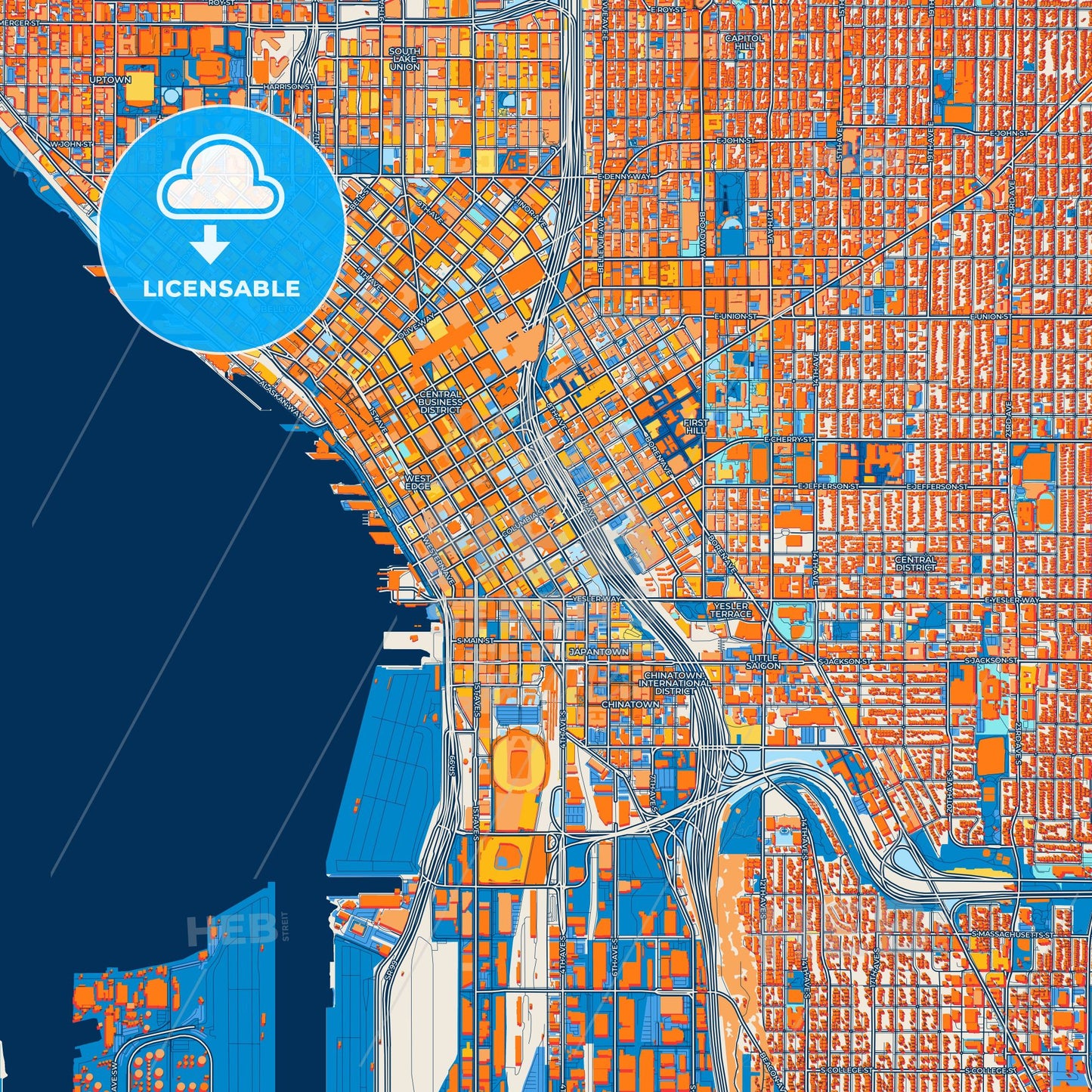Colorful Seattle Street Map with Labels and Buildings