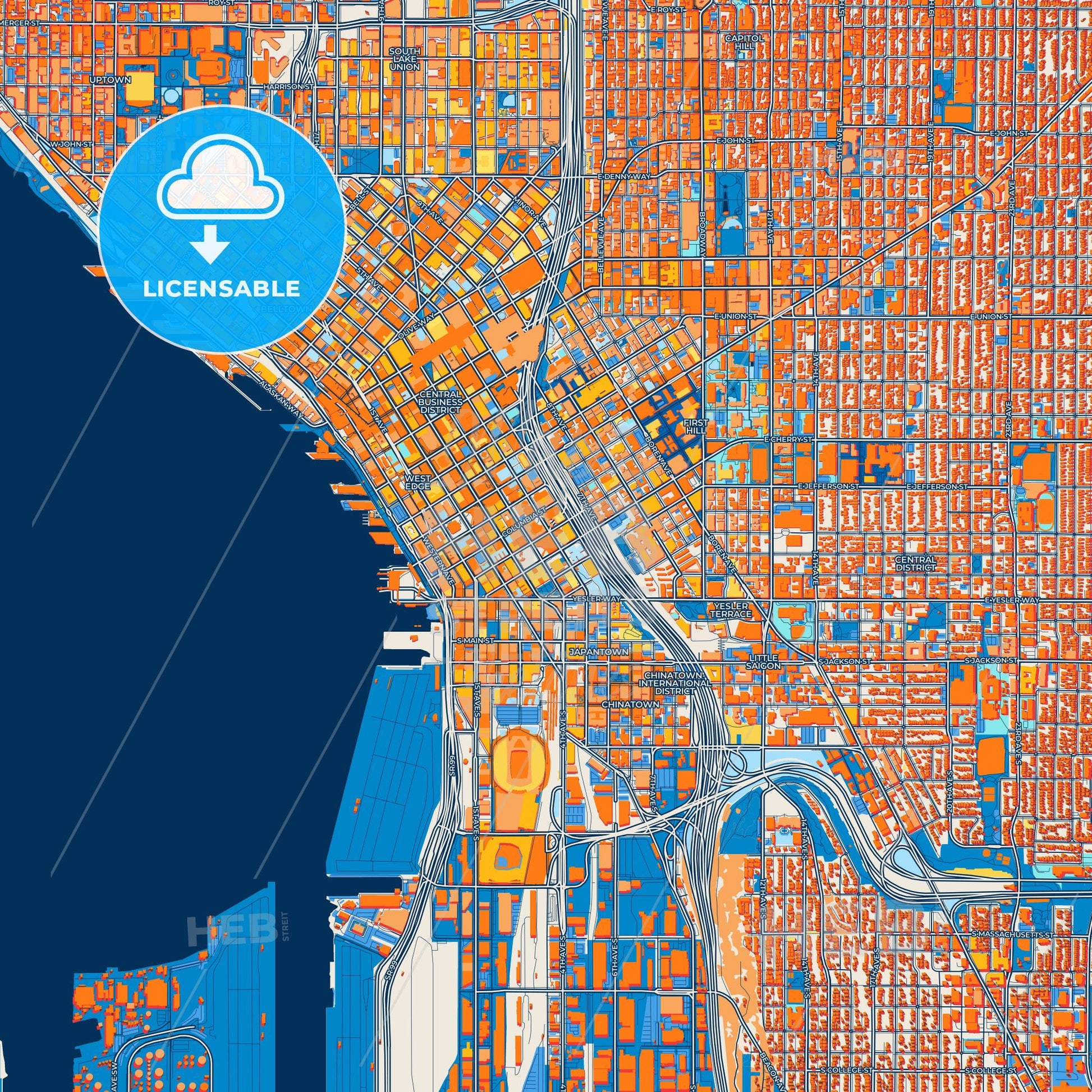 Colorful Seattle Street Map with Labels and Buildings