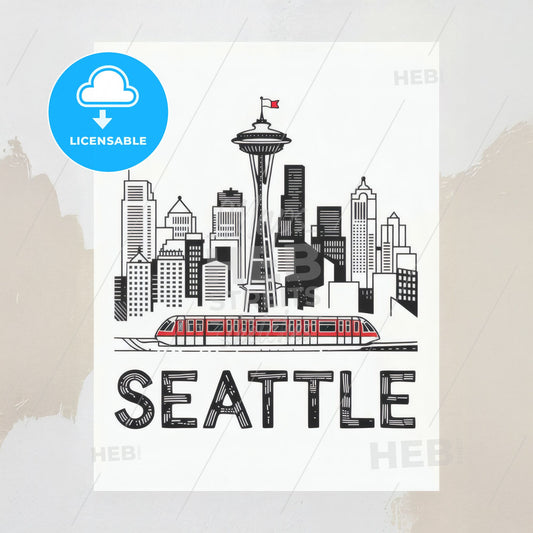 Seattle Skyline Linocut: Bold Monochrome Art Featuring Iconic Space Needle