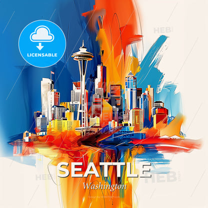 Vibrant Seattle, Washington - A Colorful Cityscape With A Space Needle - Square format print template
