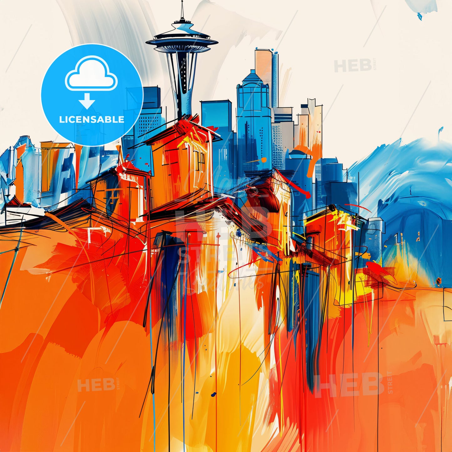 Vibrant Seattle, Washington - A Painting Of A City With A Space Needle