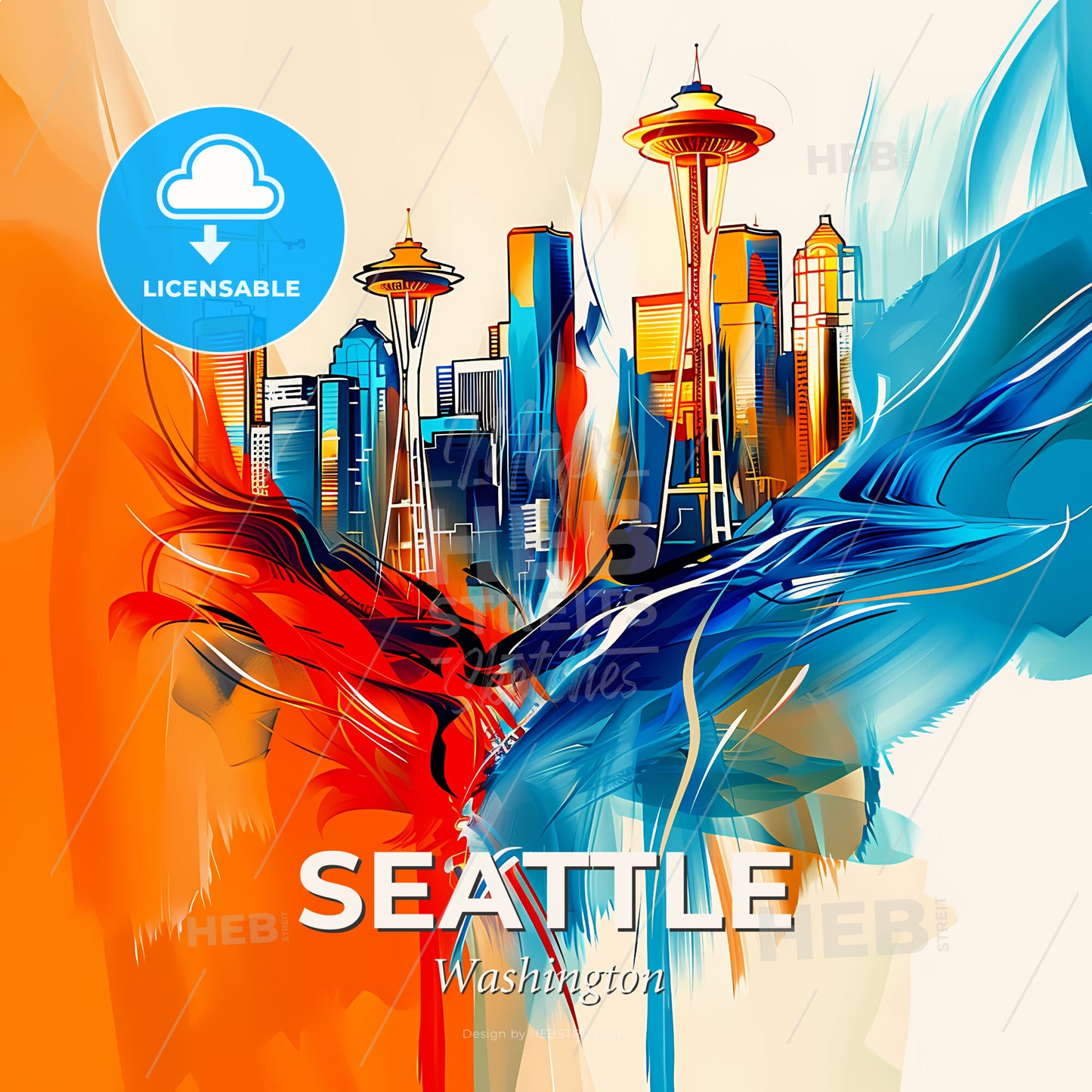 Vibrant Seattle, Washington - A Painting Of A City - Square format print template