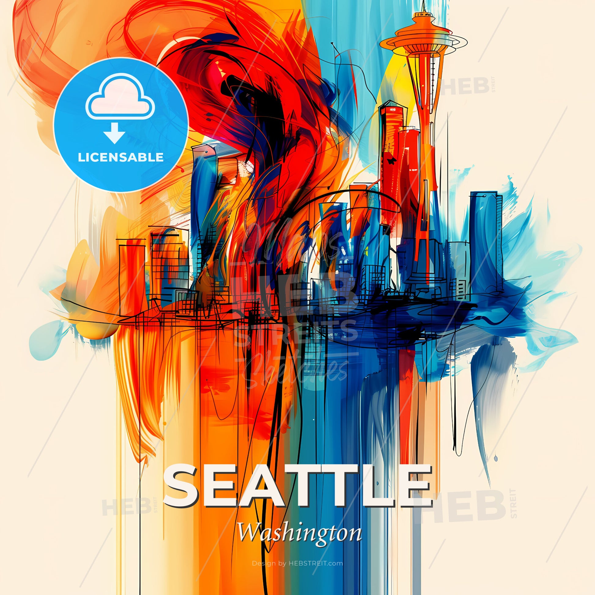 Vibrant Seattle, Washington - A Painting Of A City - Square format print template