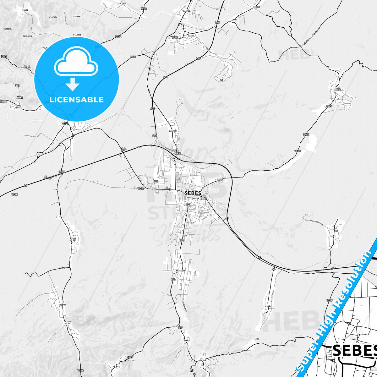 Sebeș, Romania light map with streetnames, citynames and districts