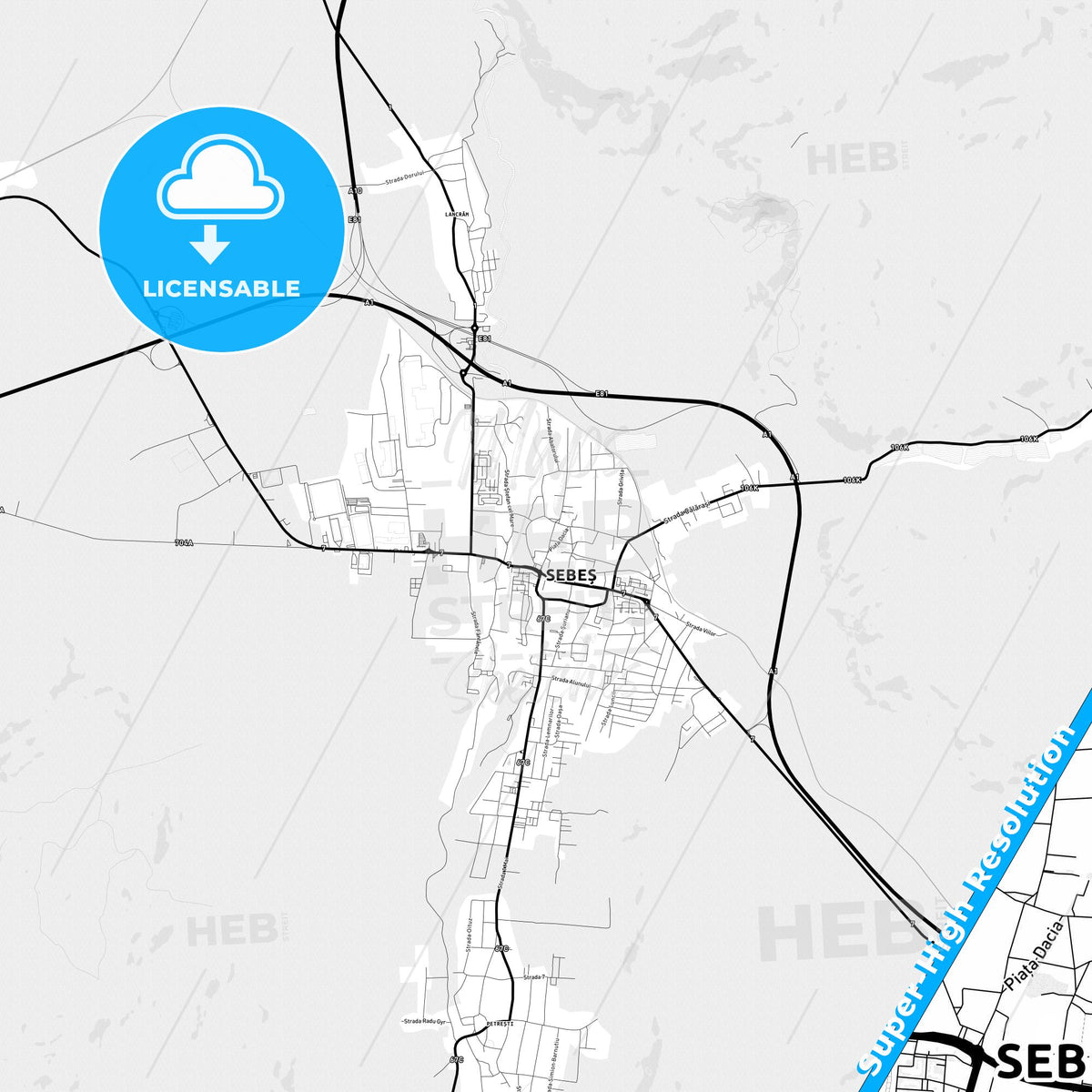 Sebeș, Romania Light Map with Street Names, City Names, and Districts