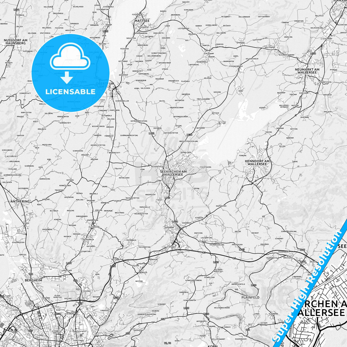 Seekirchen am Wallersee, Austria light map with streetnames, citynames and districts