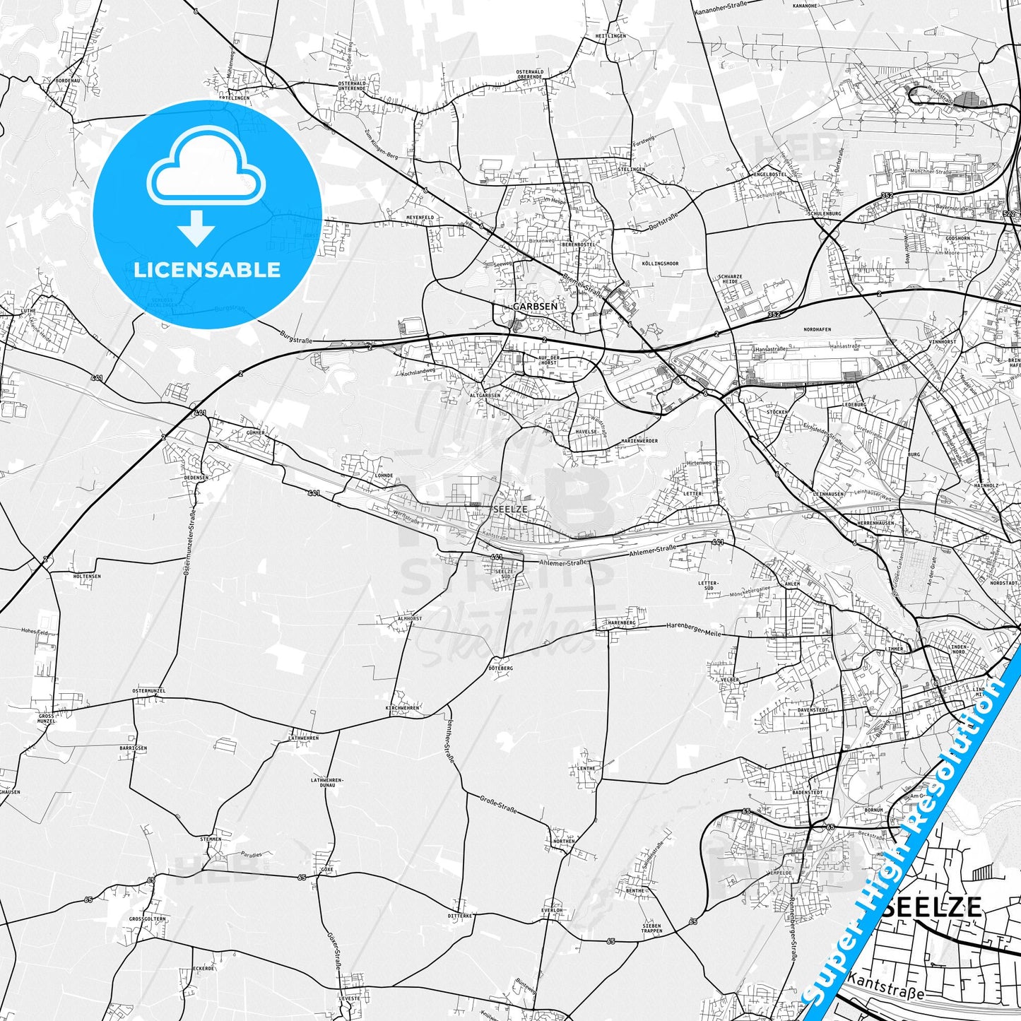 Seelze, Germany light map with streetnames, citynames and districts