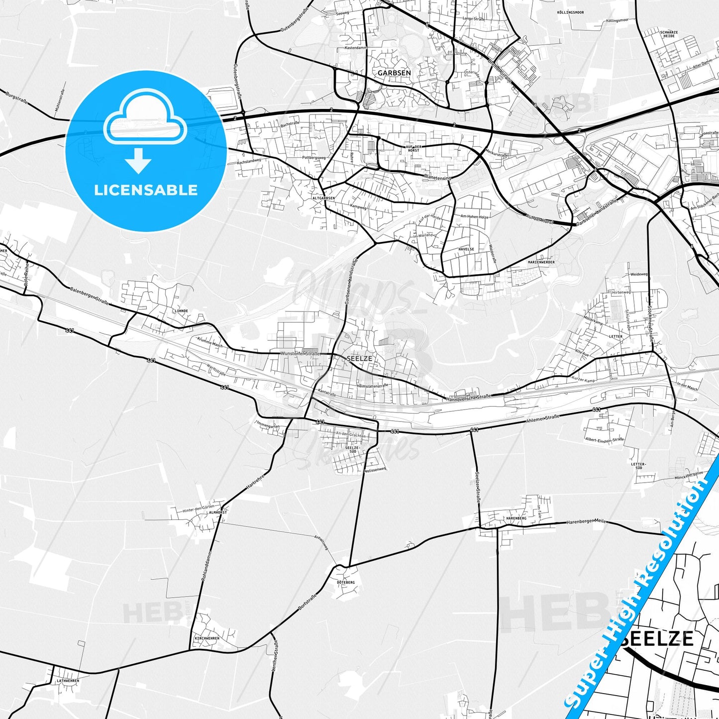 Seelze, Germany Light Map with Street Names, City Names, and Districts