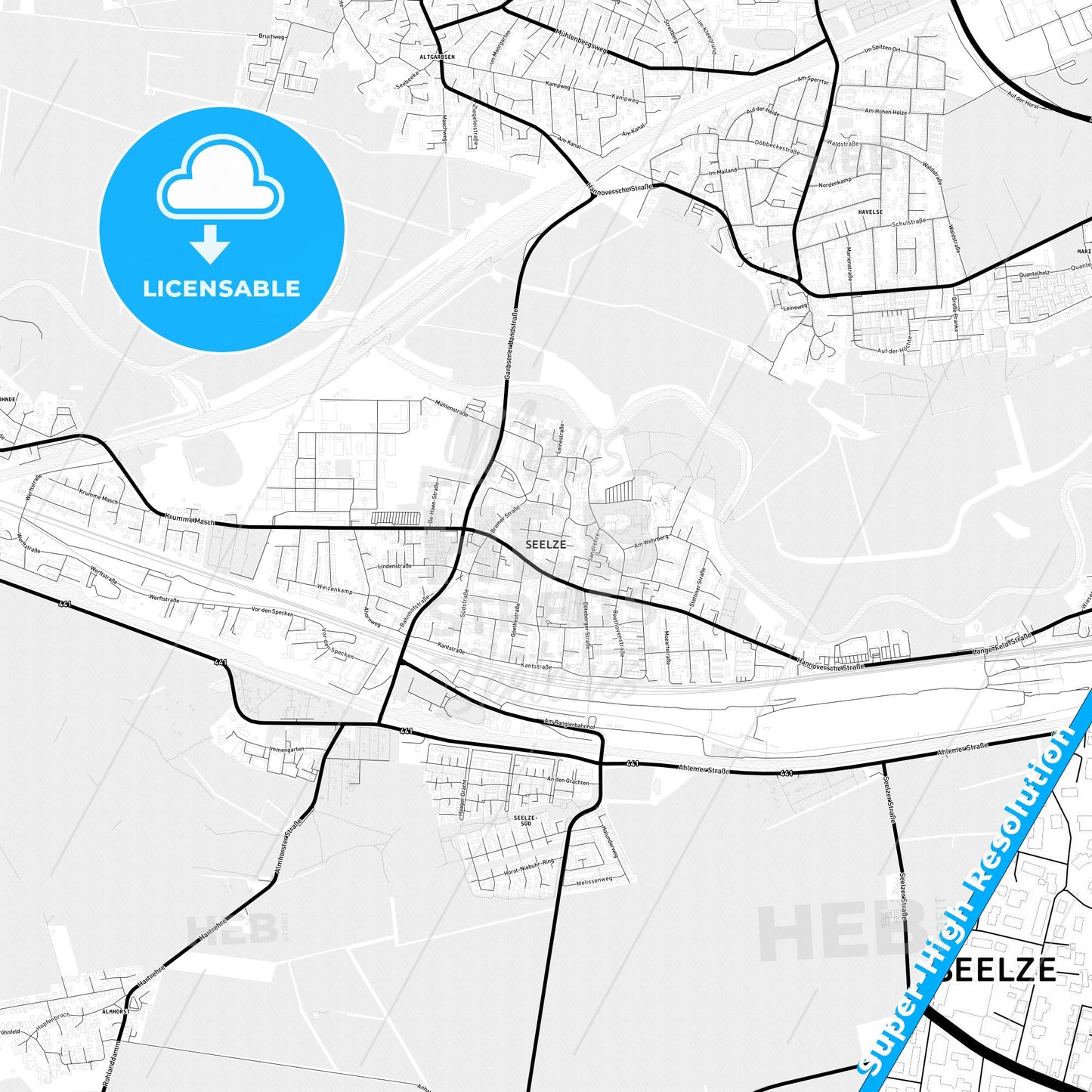 Seelze, Germany Light Map with Street Names, City Names, and Districts