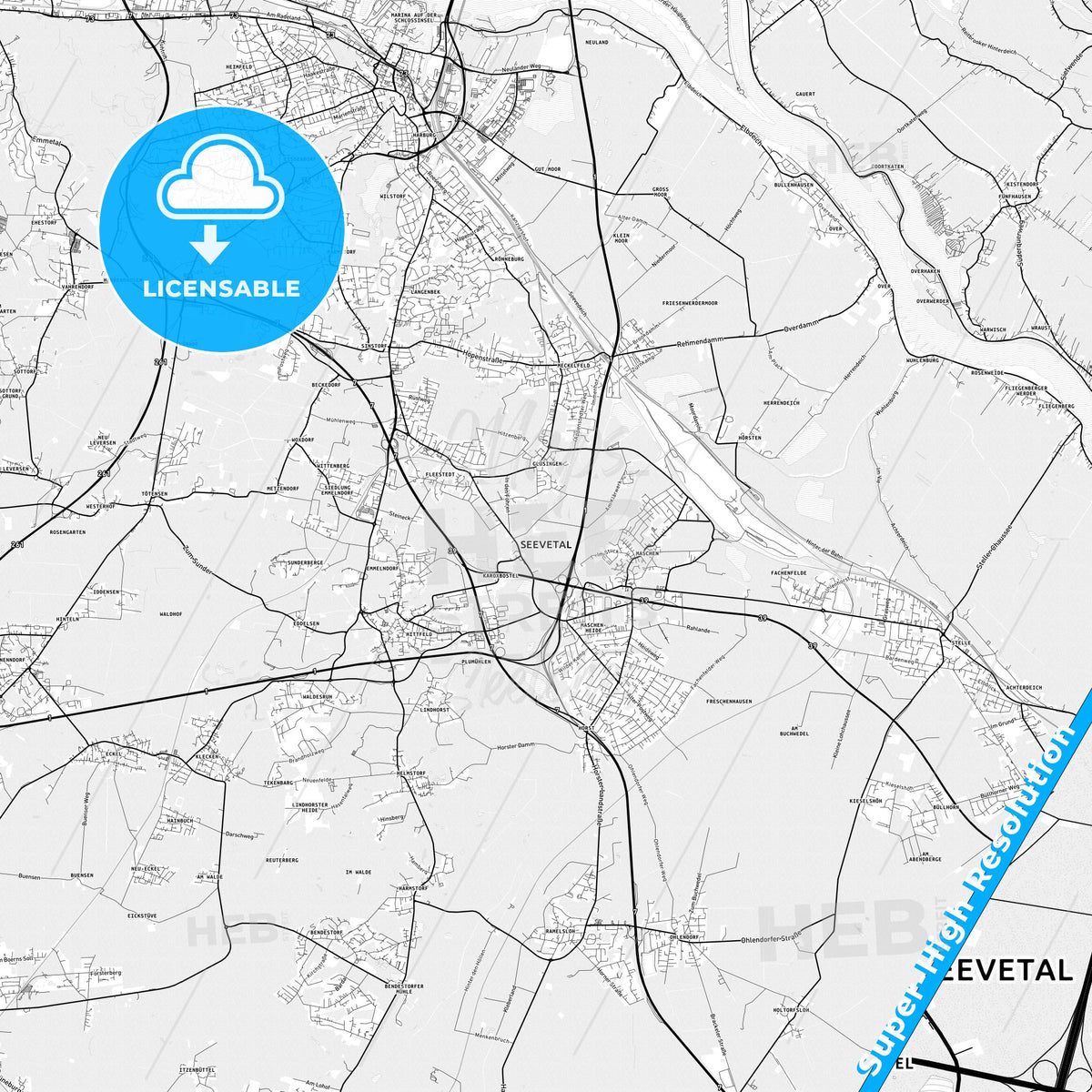 Seevetal, Germany light map with streetnames, citynames and districts