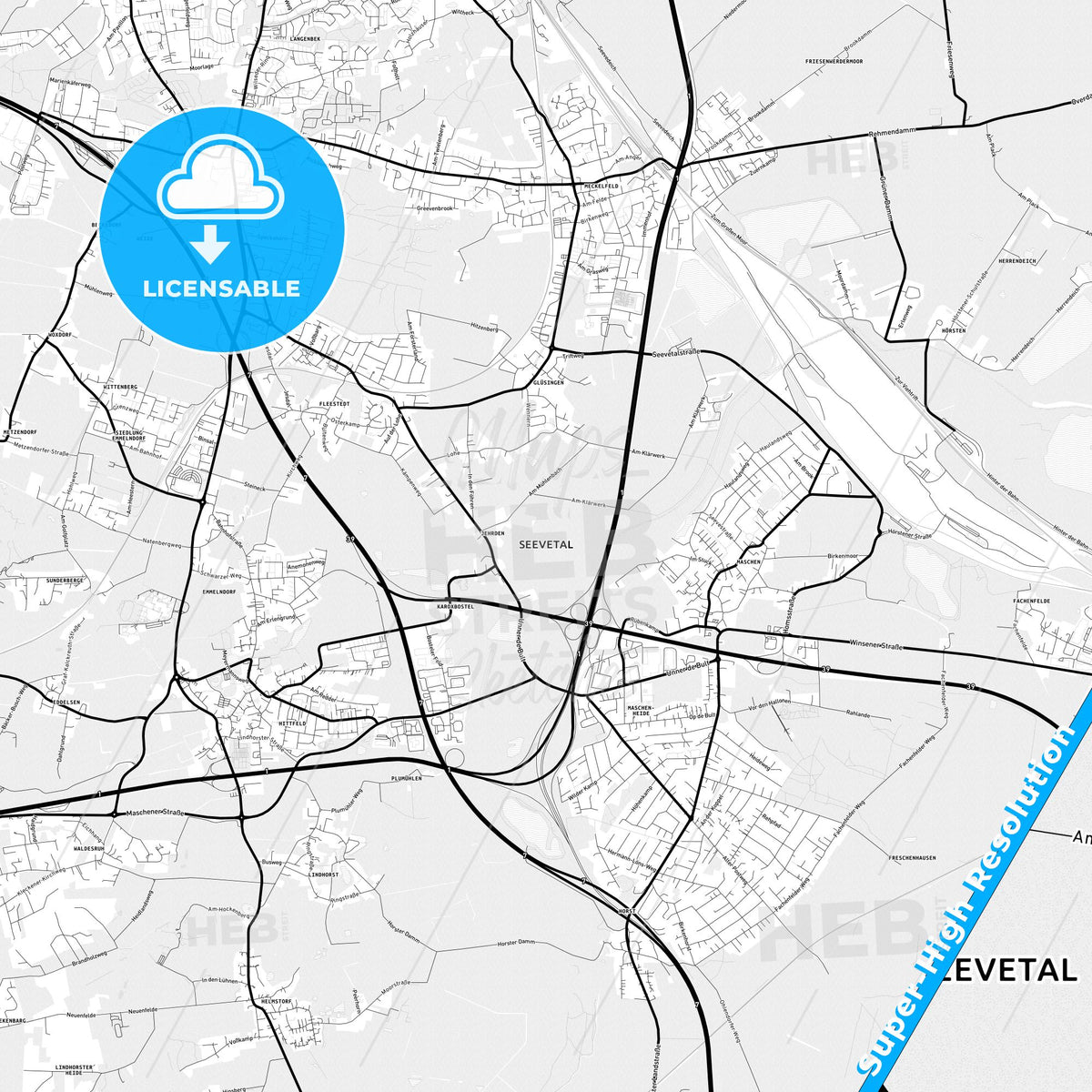 Seevetal, Germany Light Map with Street Names, City Names, and Districts