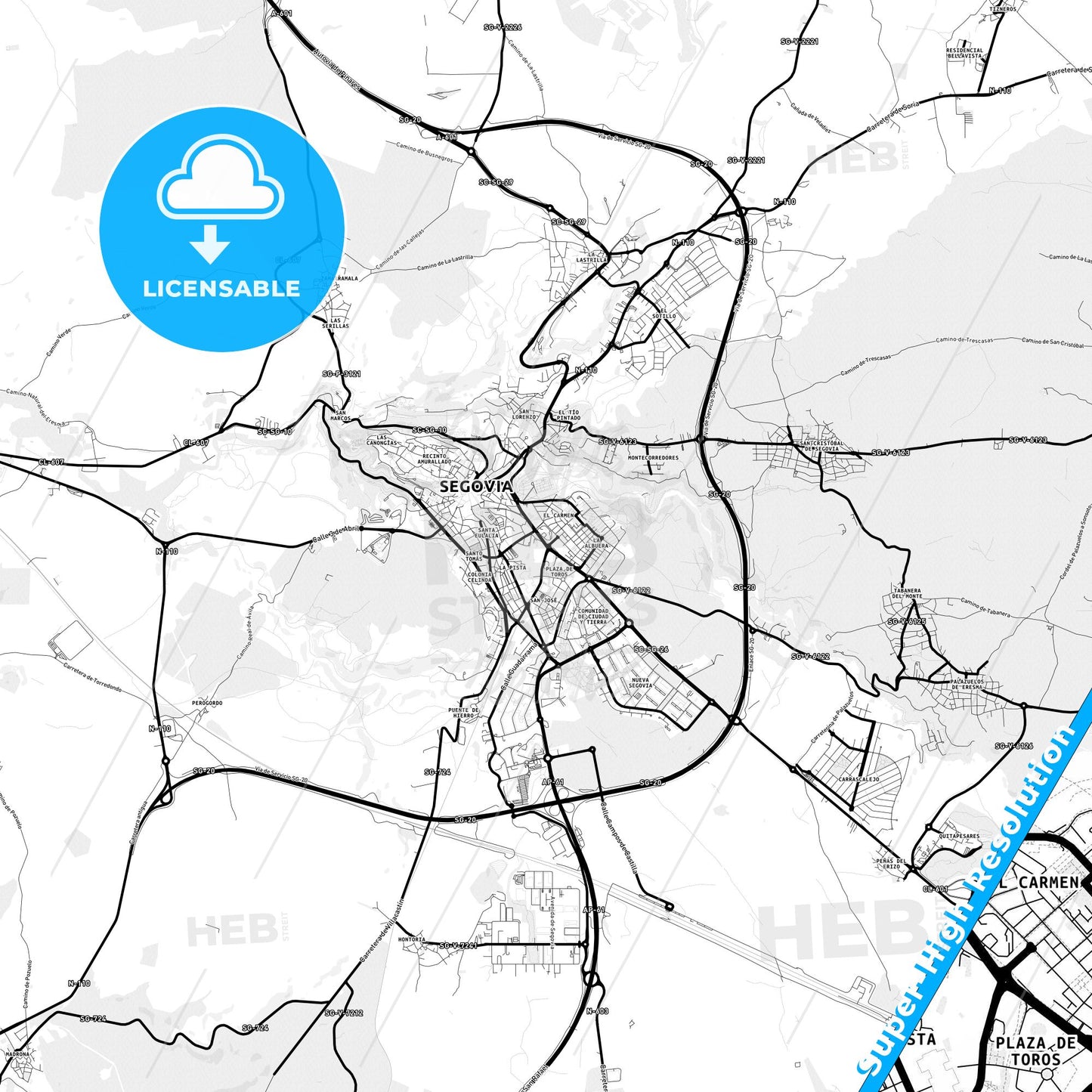 Segovia, Spain Light Map with Street Names, City Names, and Districts