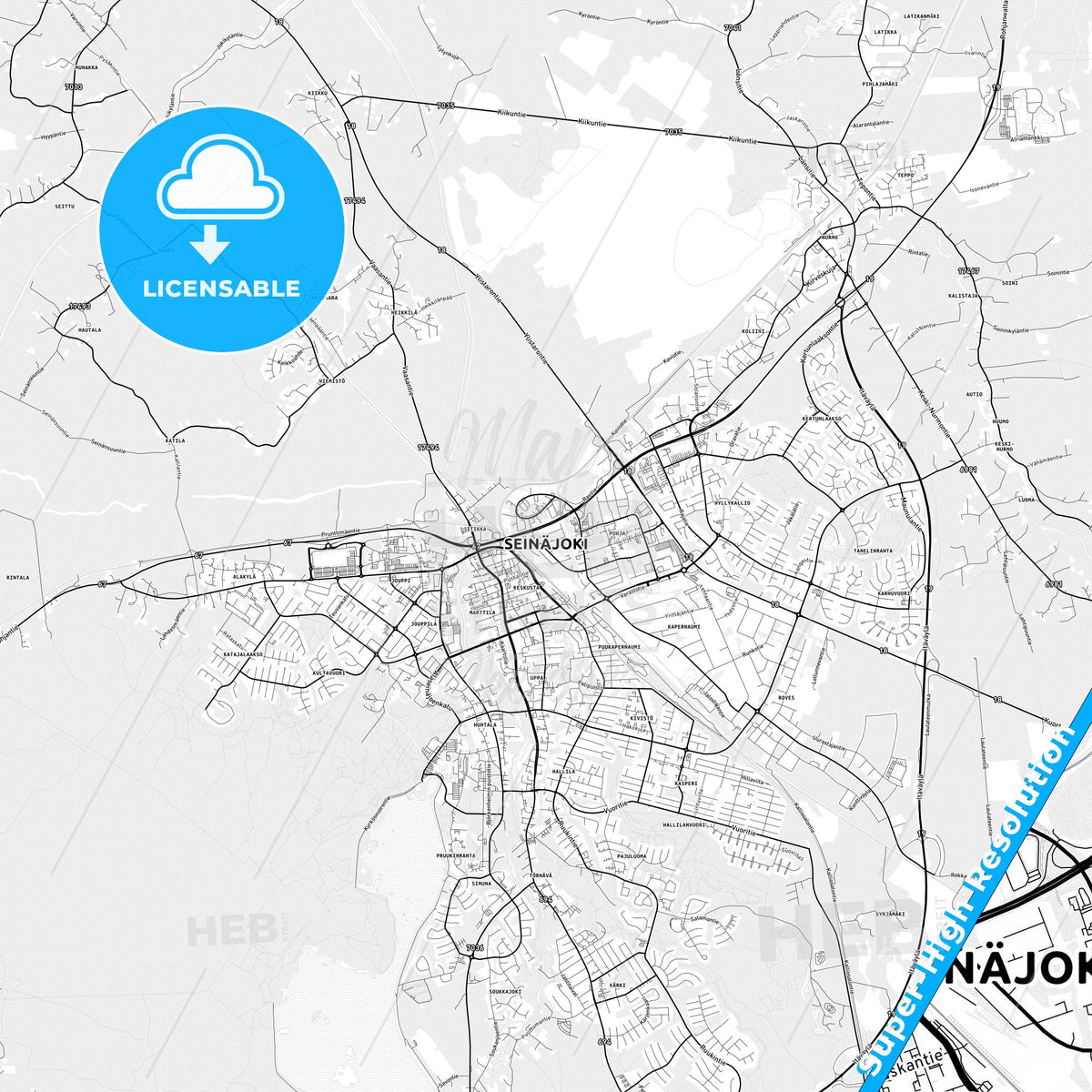 Seinäjoki, Finland light map with streetnames, citynames and districts