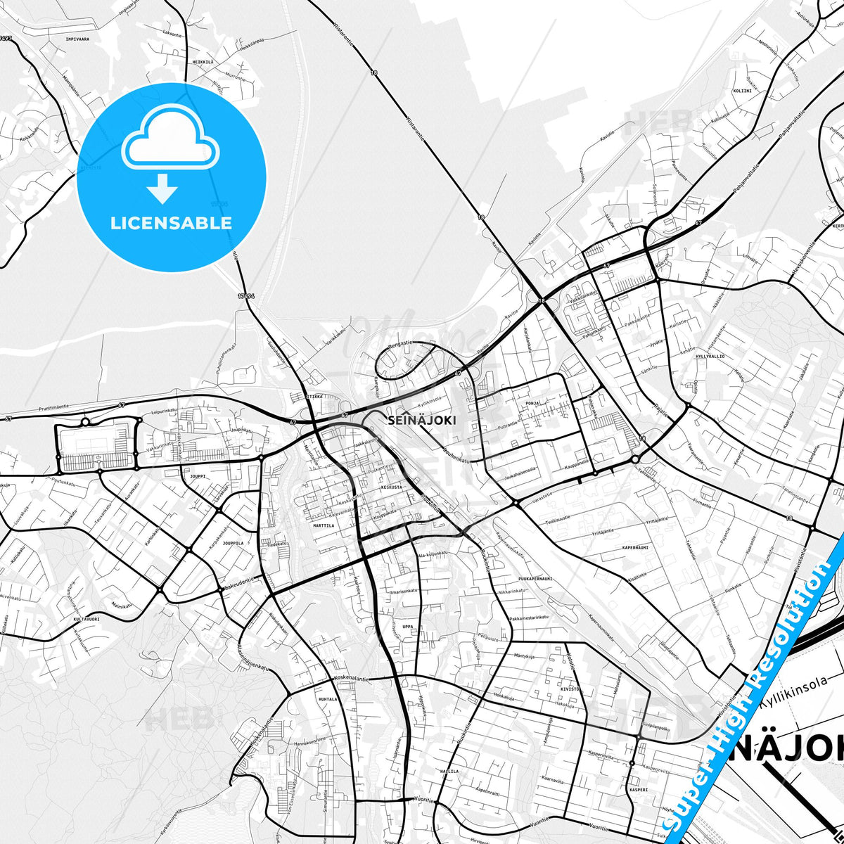 Seinäjoki, Finland Light Map with Street Names, City Names, and Districts