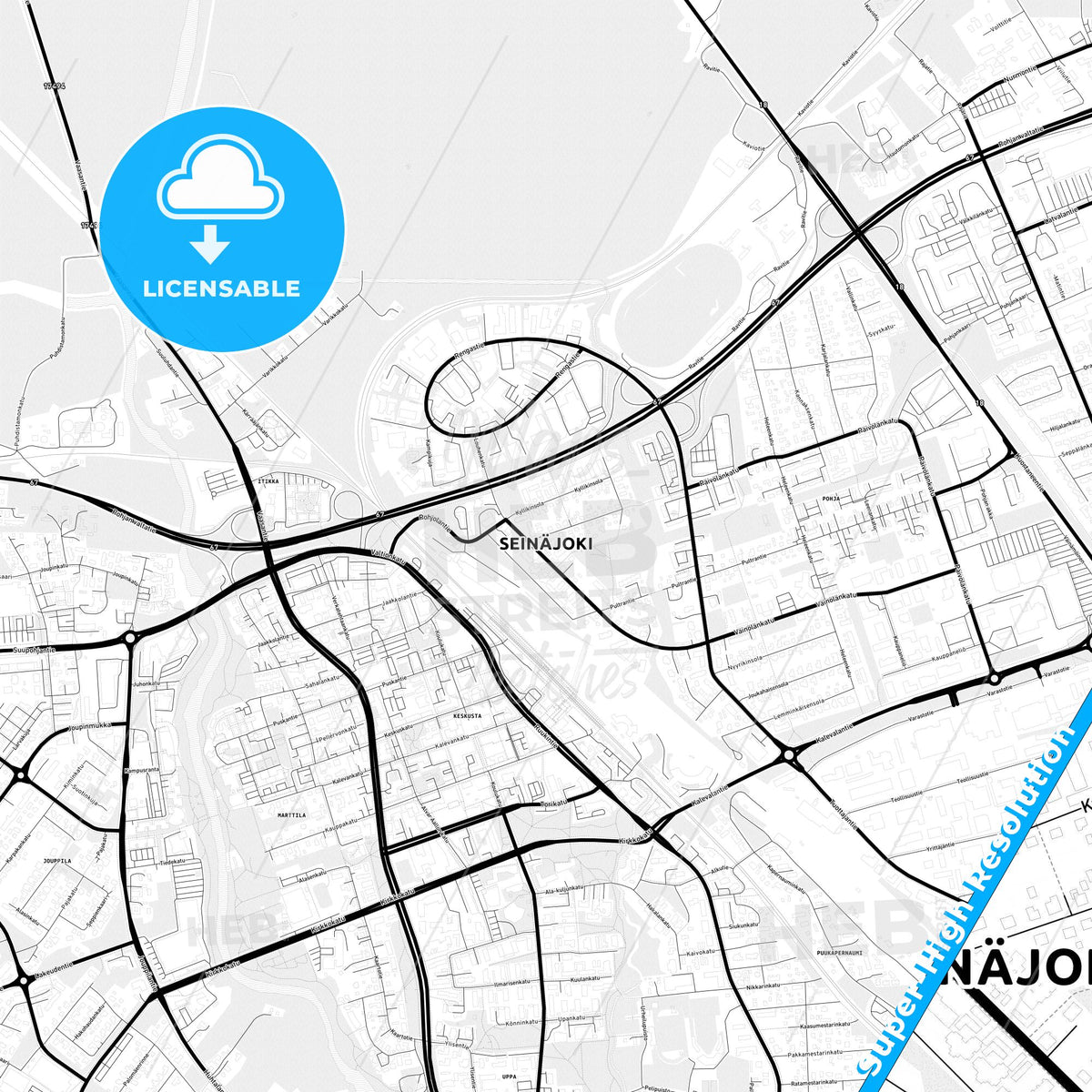 Seinäjoki, Finland Light Map with Street Names, City Names, and Districts