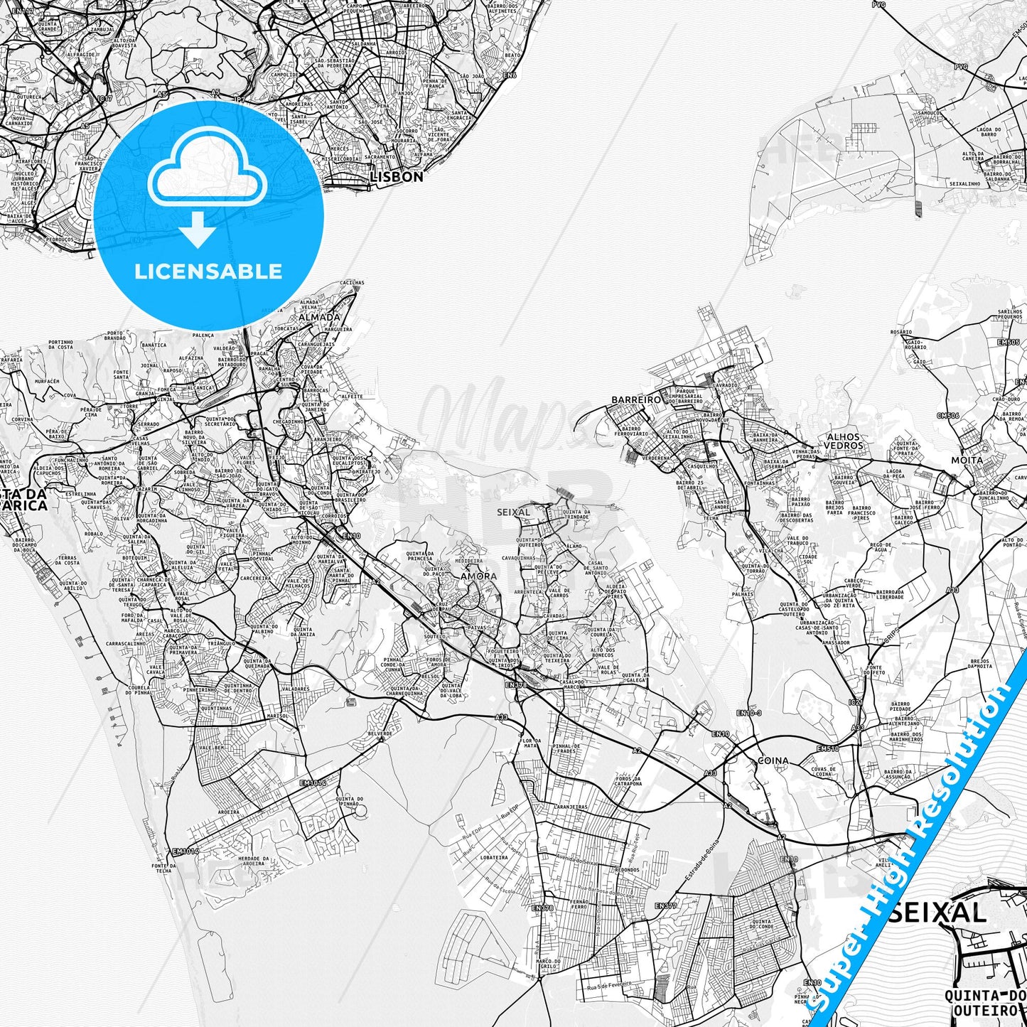 Seixal, Portugal light map with streetnames, citynames and districts