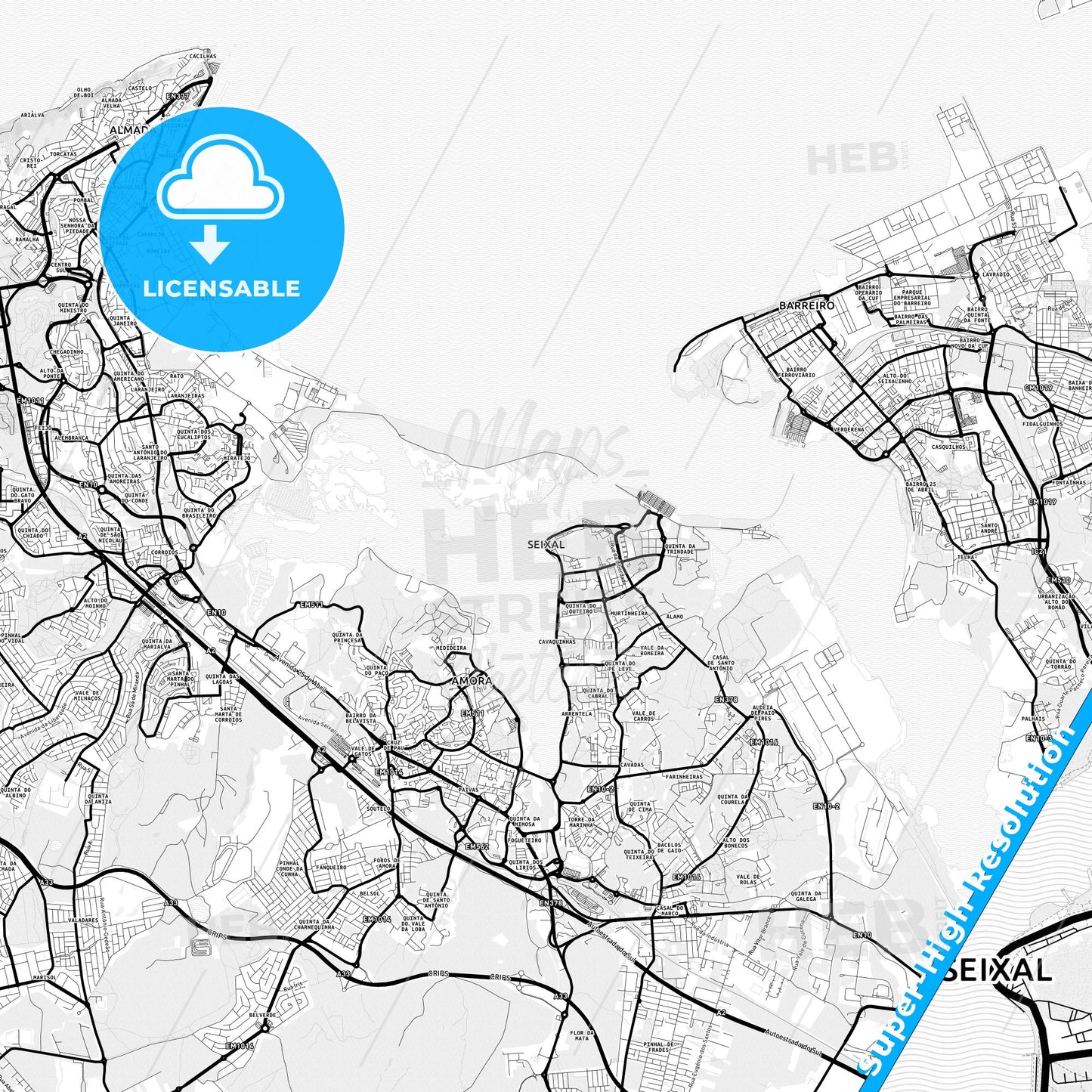 Seixal, Portugal Light Map with Street Names, City Names, and Districts