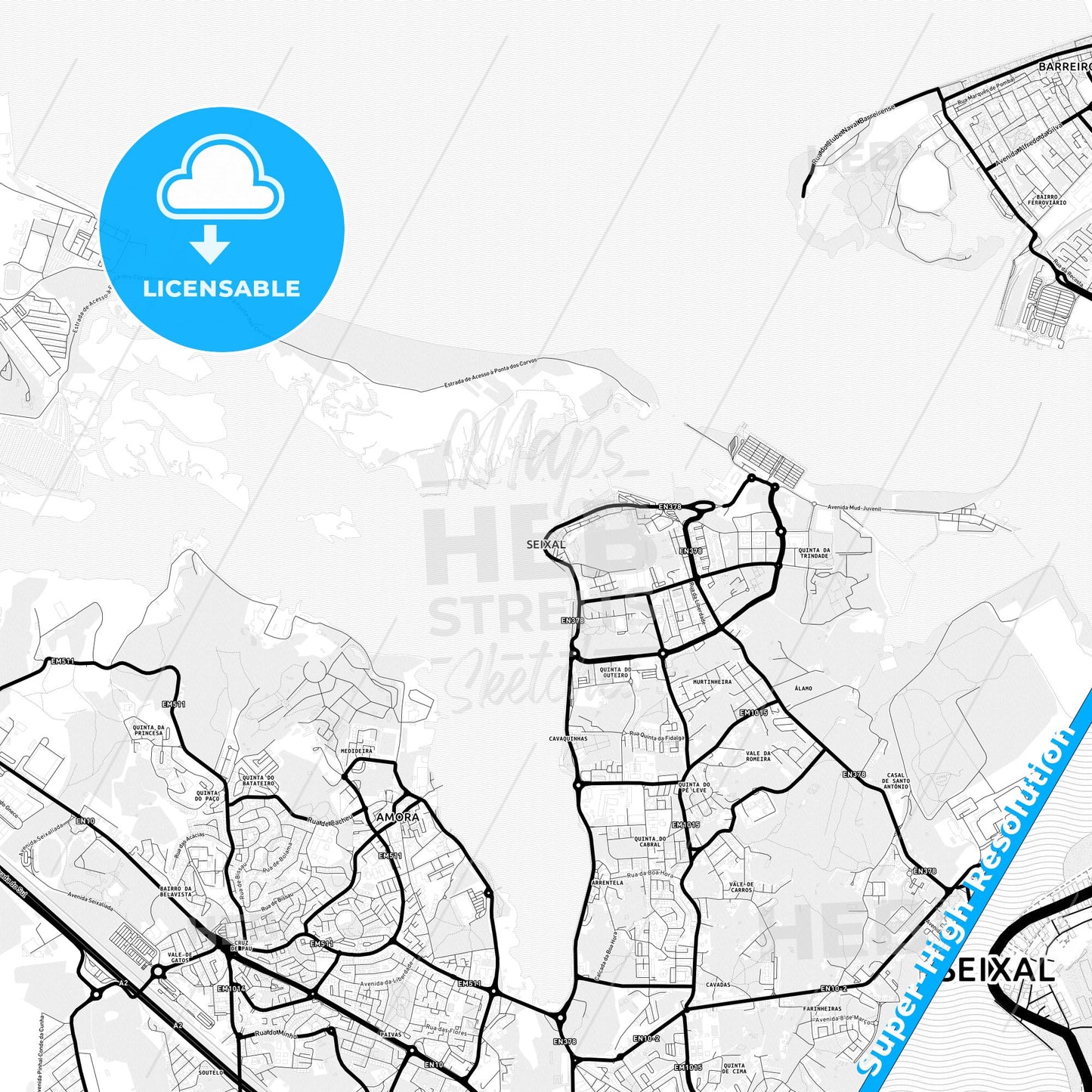 Seixal, Portugal Light Map with Street Names, City Names, and Districts