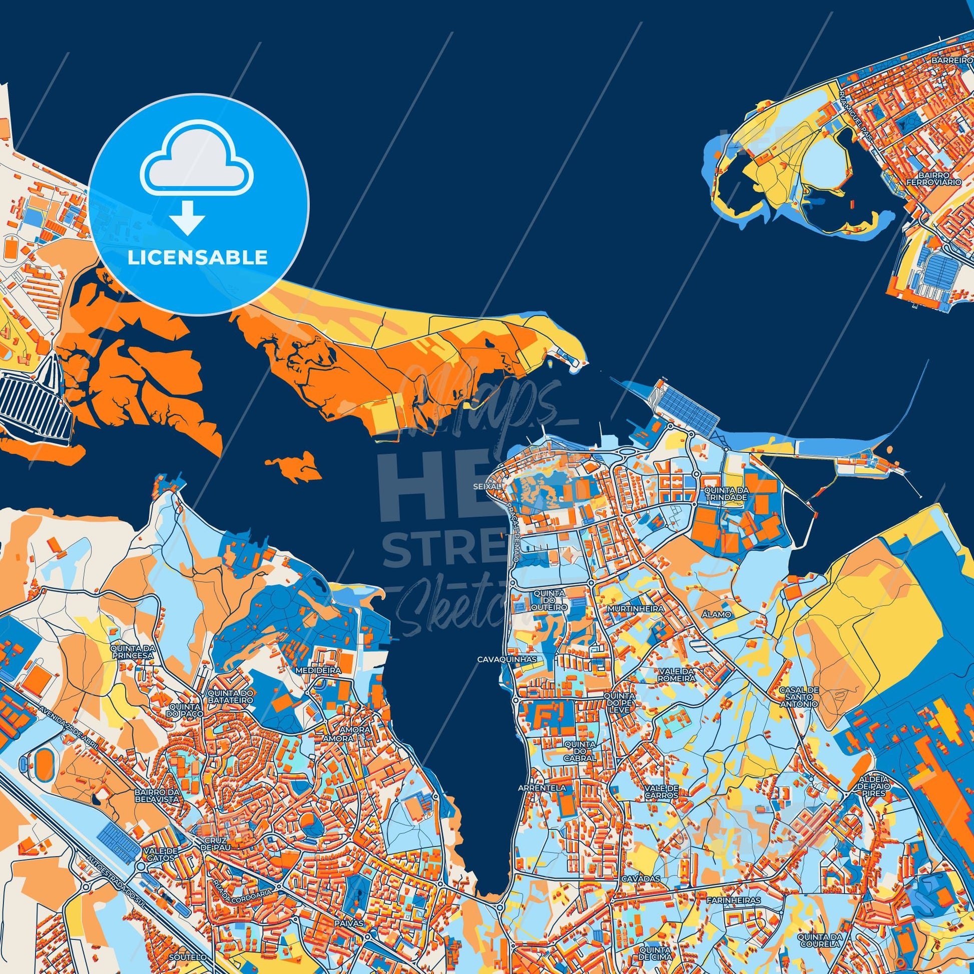 Colorful Seixal Street Map with Labels and Buildings