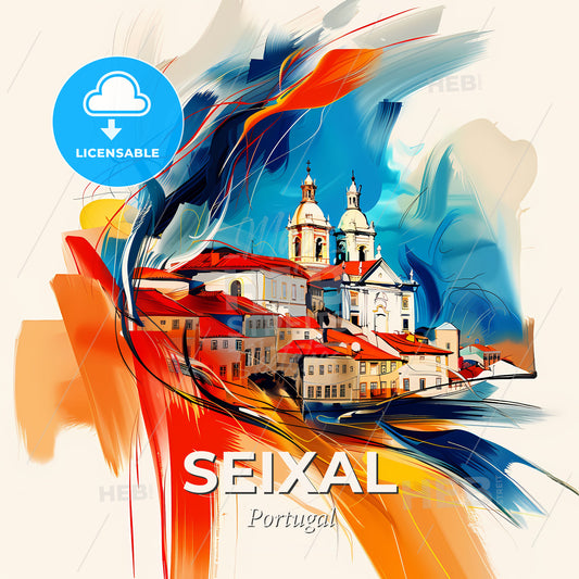 Vibrant Seixal, Portugal - A Painting Of A Town With A Church And A Building - Square format print template