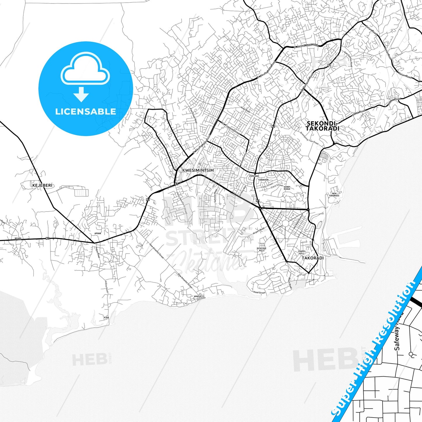 Sekondi-Takoradi, Ghana Light Map with Street Names, City Names, and Districts