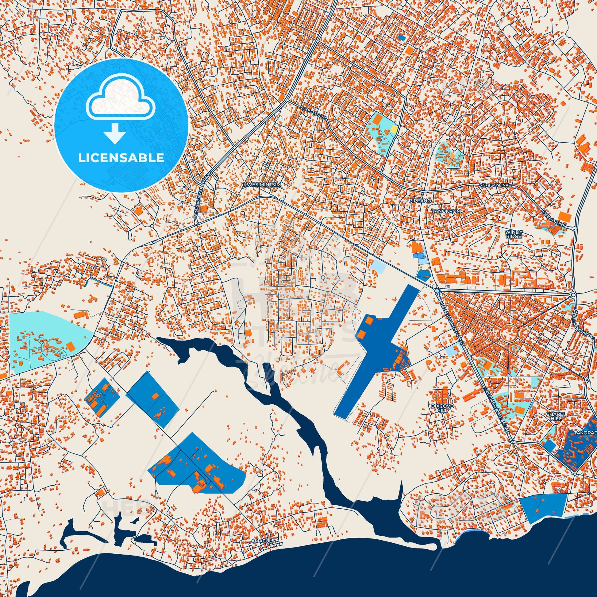 Colorful Sekondi-Takoradi Street Map with Labels and Buildings