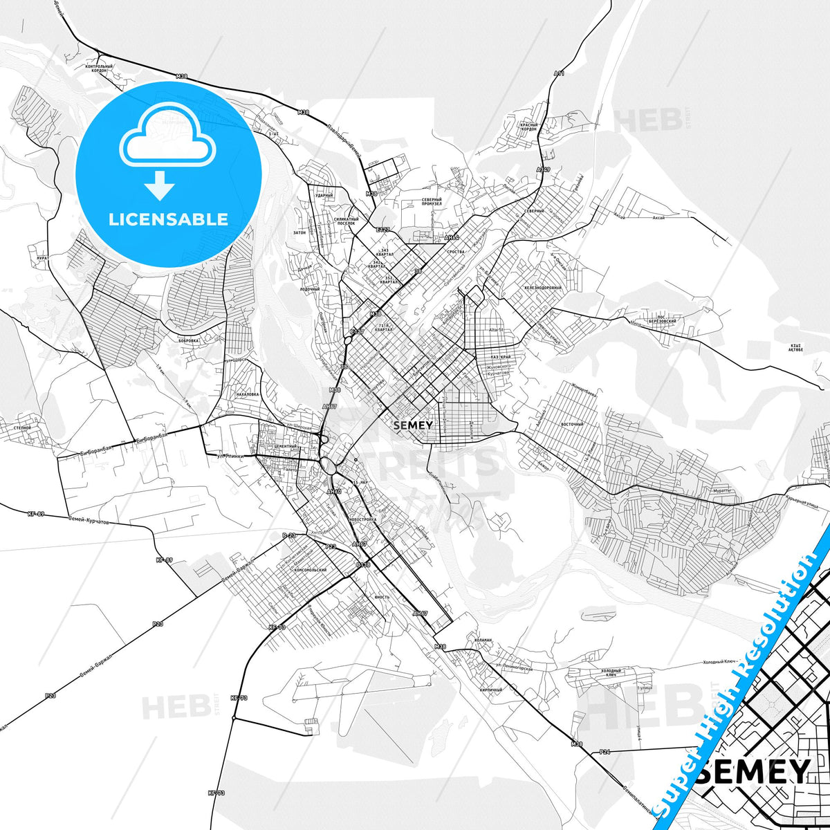 Semey, Kazakhstan light map with streetnames, citynames and districts