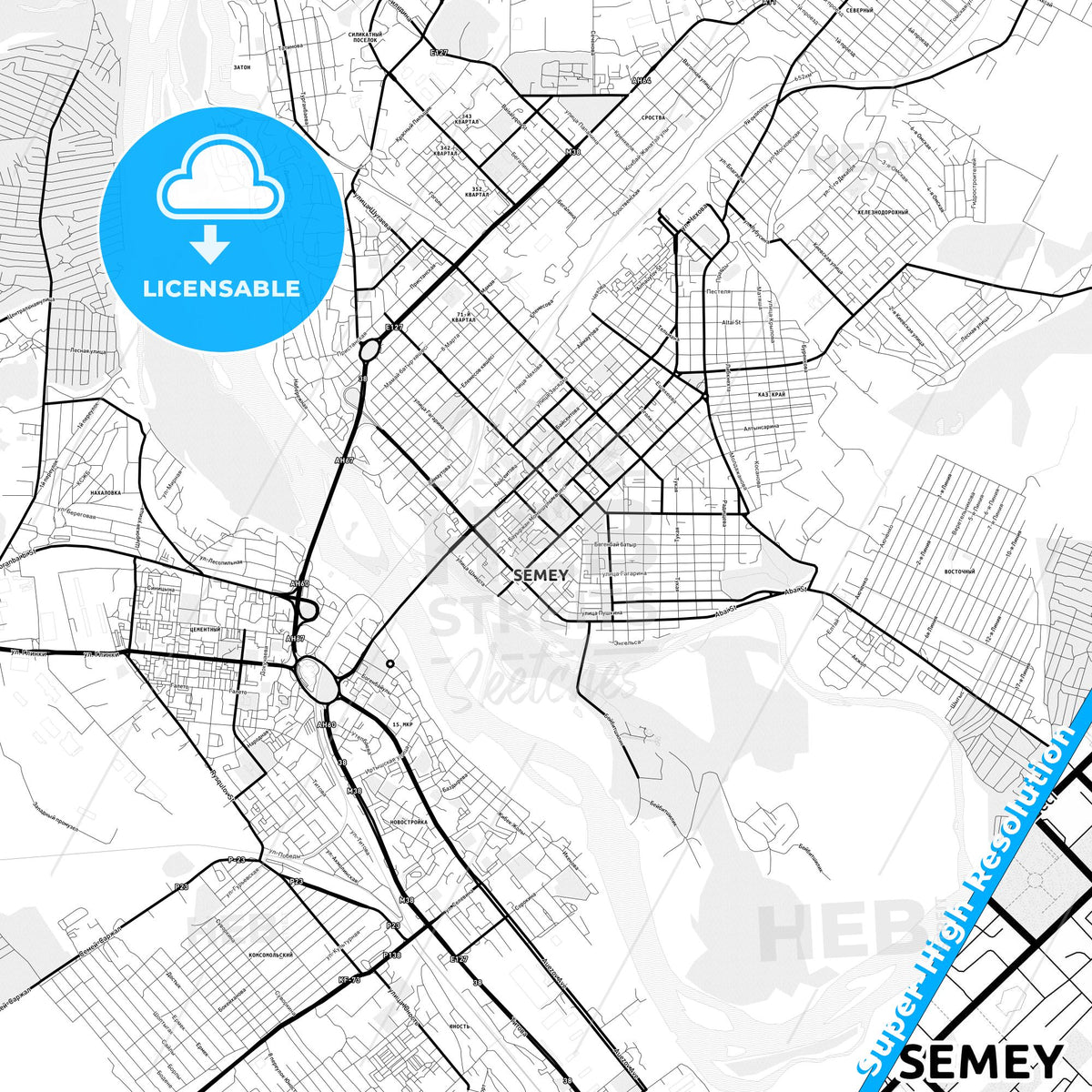 Semey, Kazakhstan Light Map with Street Names, City Names, and Districts