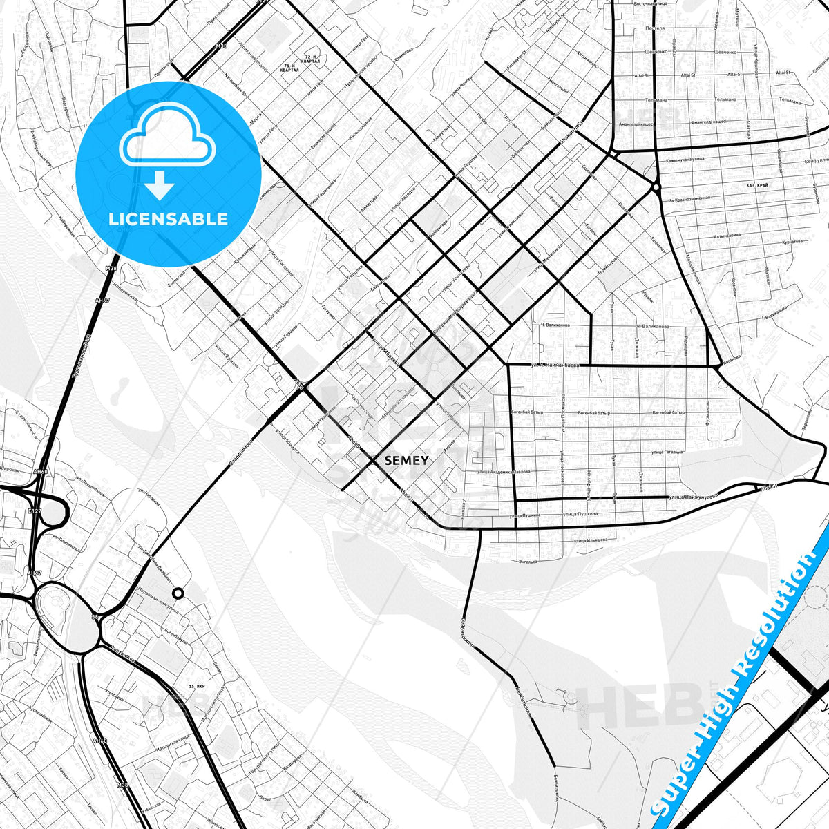 Semey, Kazakhstan Light Map with Street Names, City Names, and Districts