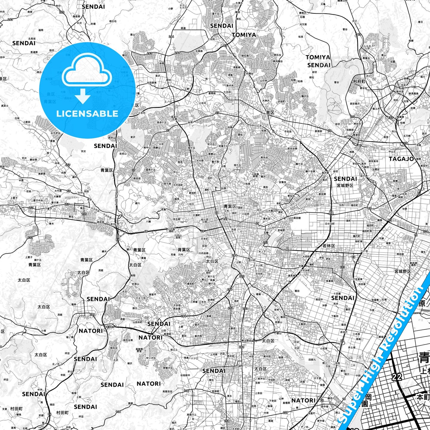 Sendai, Japan light map with streetnames, citynames and districts
