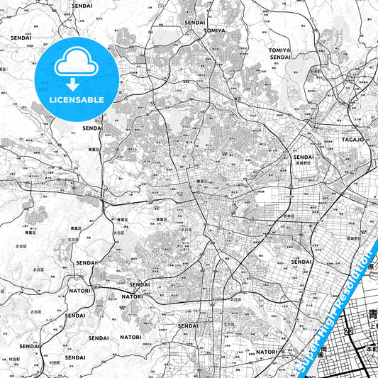 Sendai, Japan light map with streetnames, citynames and districts
