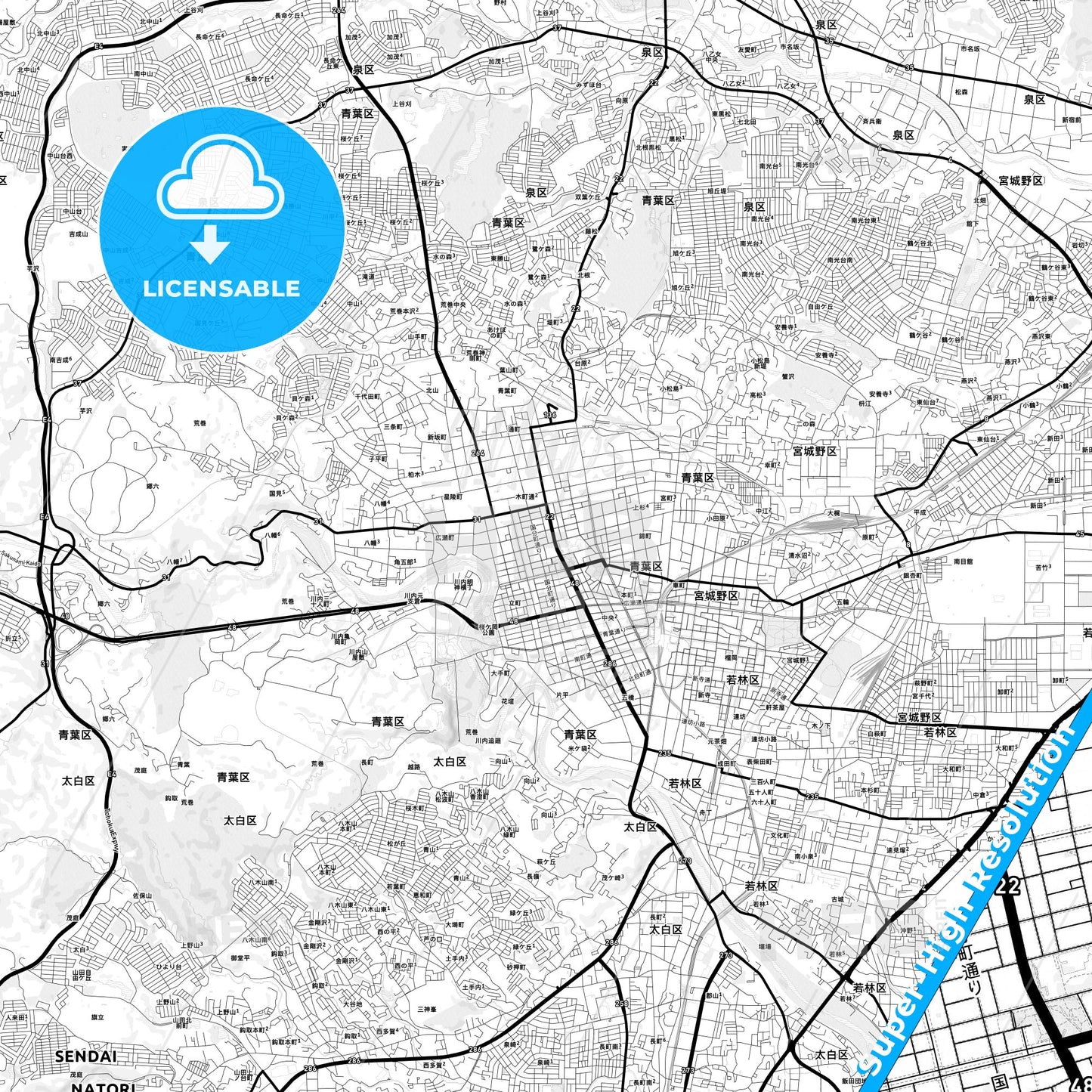 Sendai, Japan Light Map with Street Names, City Names, and Districts