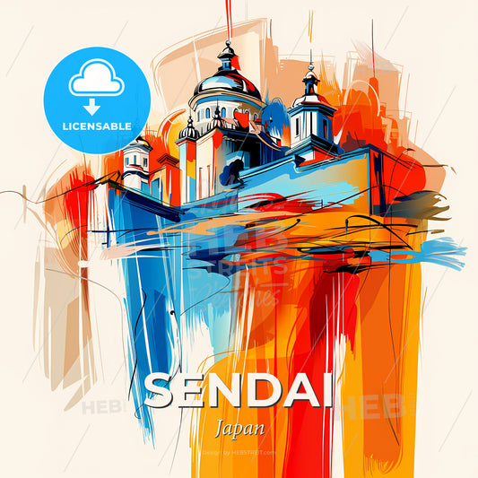 Vibrant Sendai, Japan - A Colorful Painting Of A Building - Square format print template