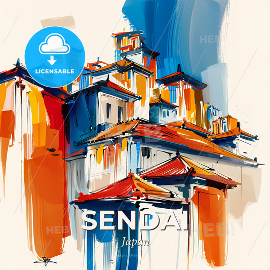Vibrant Sendai, Japan - A Painting Of A Building - Square format print template