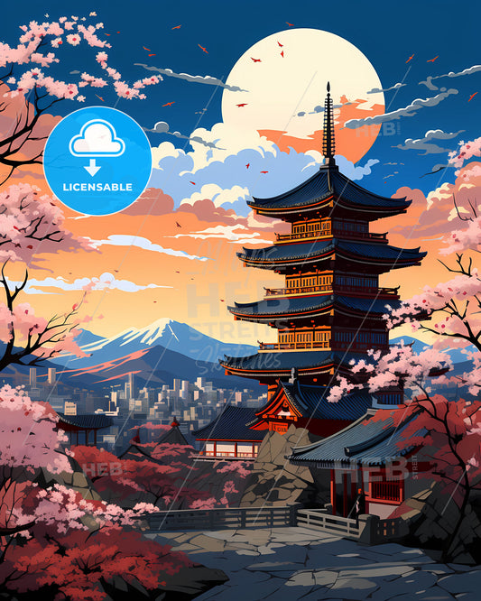 Sendai Cityscape with Pagoda and Blooming Cherry Blossoms - Traditional Japanese Artwork