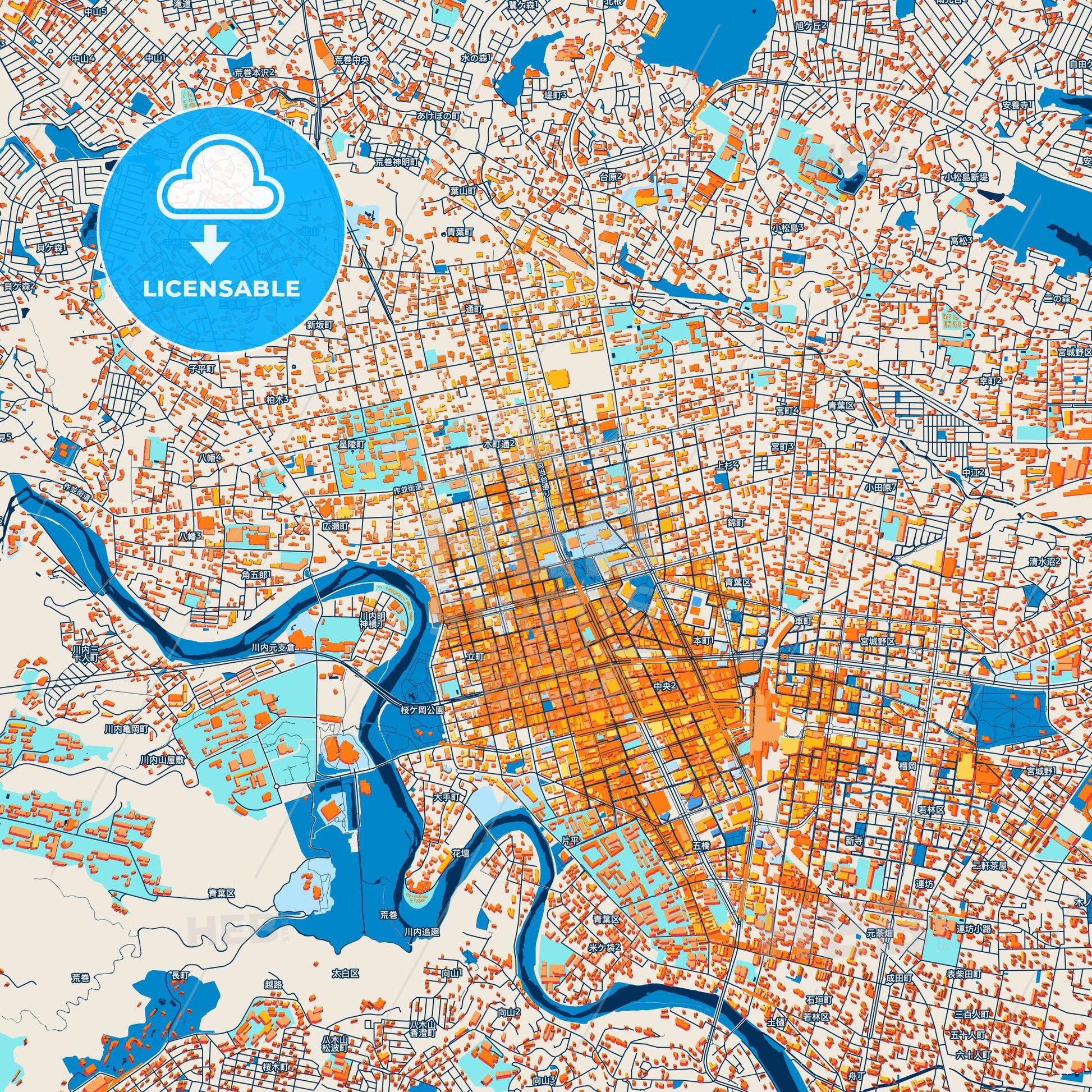 Colorful Sendai Street Map with Labels and Buildings