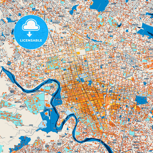 Colorful Sendai Street Map with Labels and Buildings