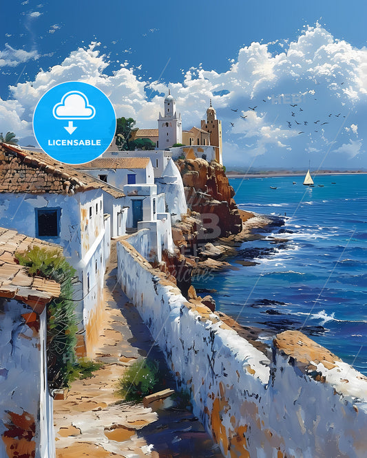 Energetic Painting of White Building on Cliff near Water in Senegal, Africa