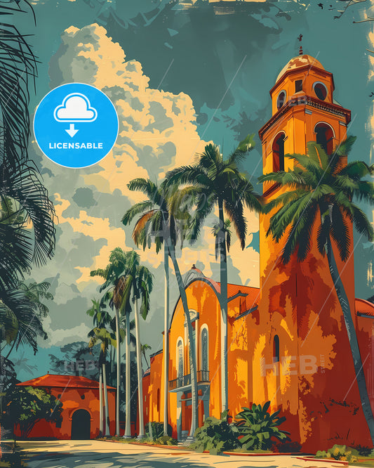 Senegal, Africa - Colorful & Vibrant Painting of a Building with Palm Trees