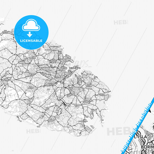Senglea, Malta light map with streetnames, citynames and districts