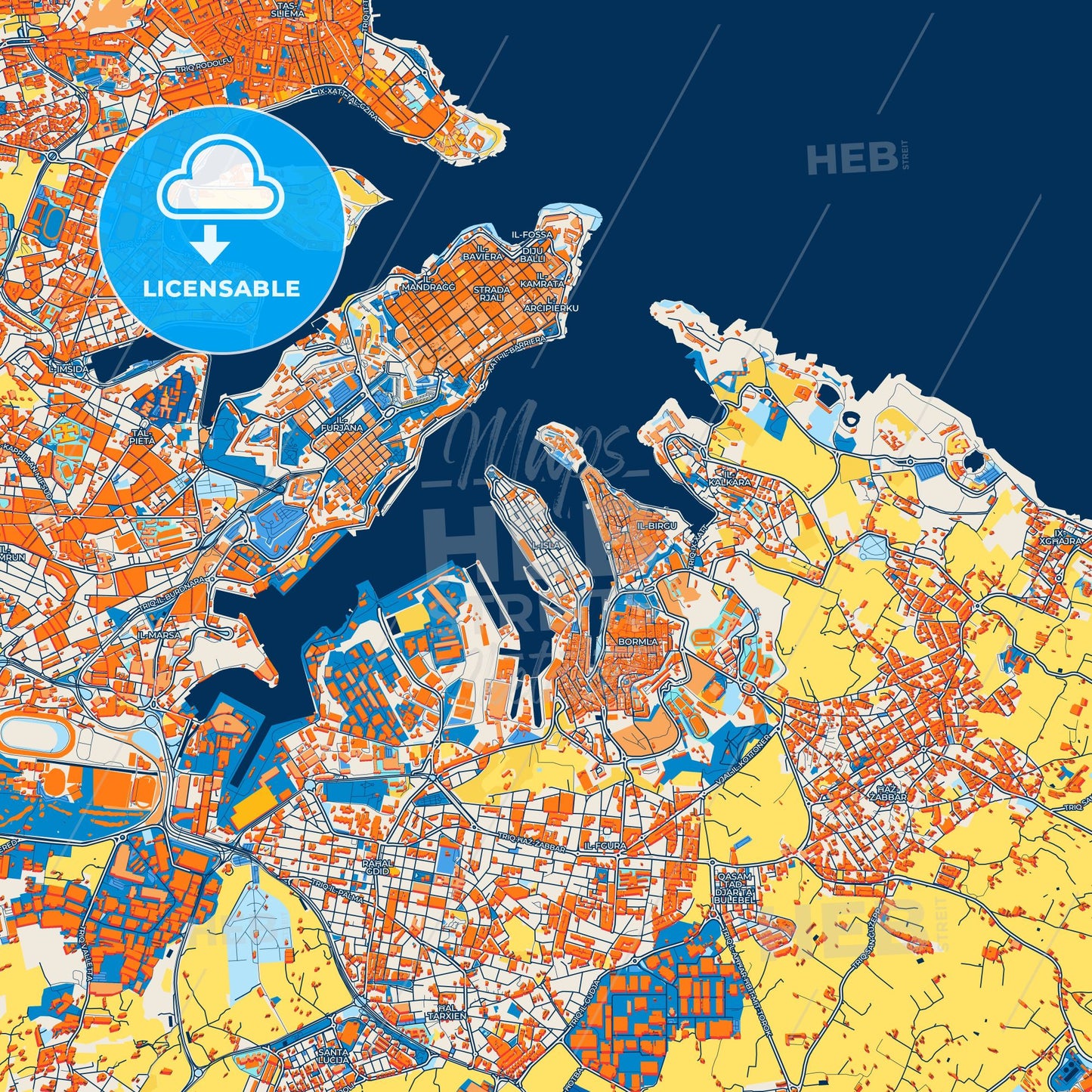 Colorful Senglea Street Map with Labels and Buildings