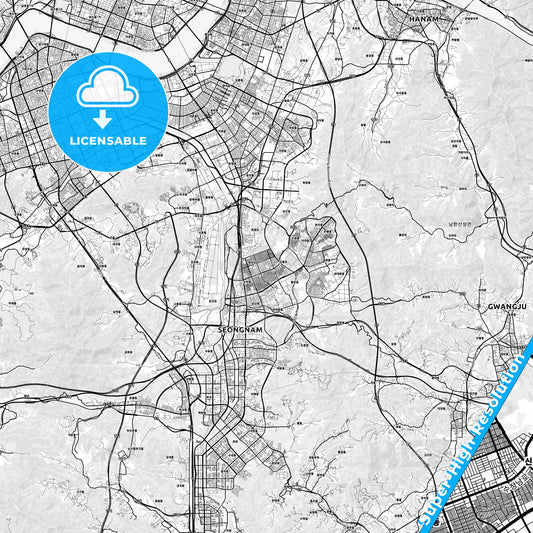 Seongnam, South Korea light map with streetnames, citynames and districts