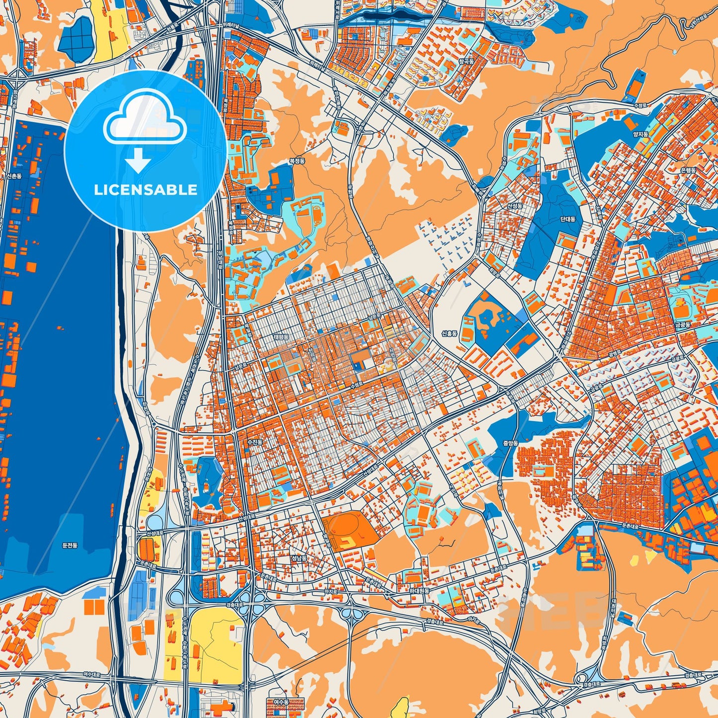 Colorful Seongnam Street Map with Labels and Buildings