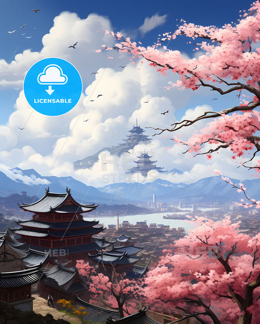 Vibrant Cityscape Painting of Seongnam South Korea Skyline with Cherry Blossoms