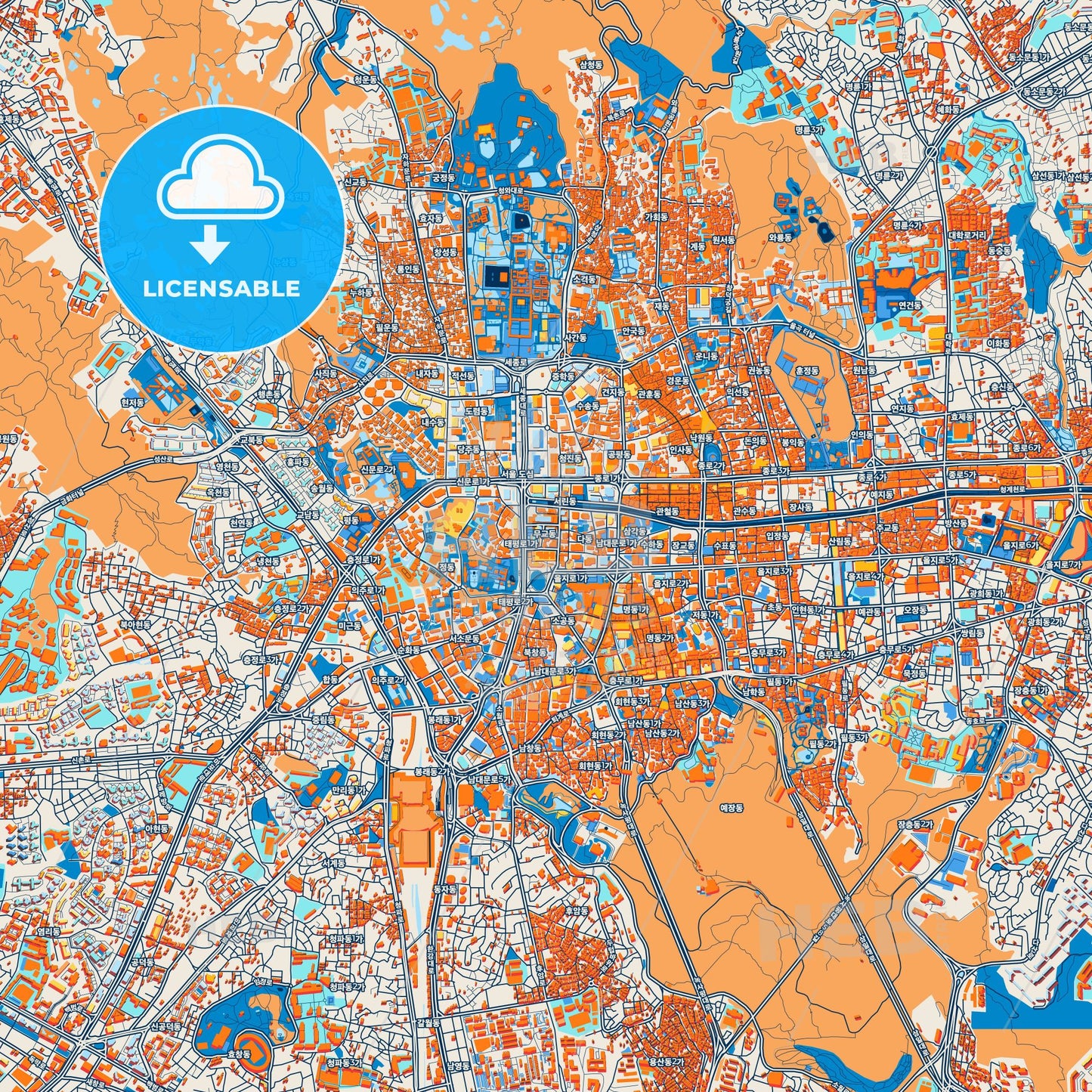Colorful Seoul Street Map with Labels and Buildings