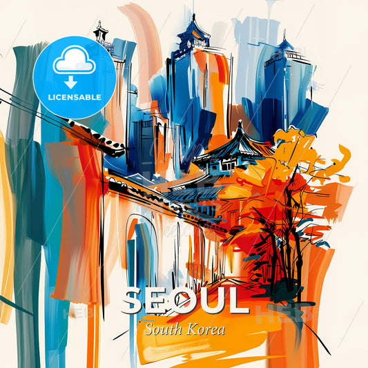 Vibrant Seoul, South Korea - A Painting Of A City - Square format print template