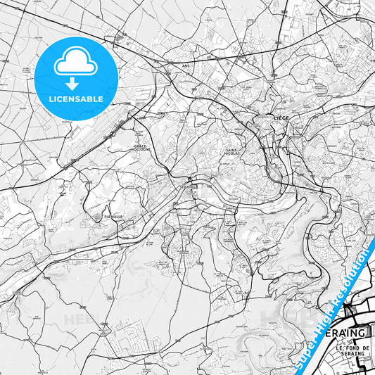 Seraing, Belgium light map with streetnames, citynames and districts