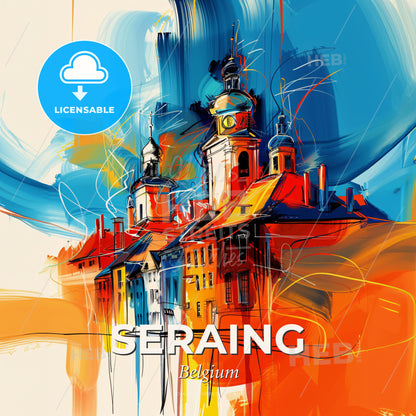 Vibrant Seraing, Belgium - A Painting Of Buildings With A Clock Tower - Square format print template