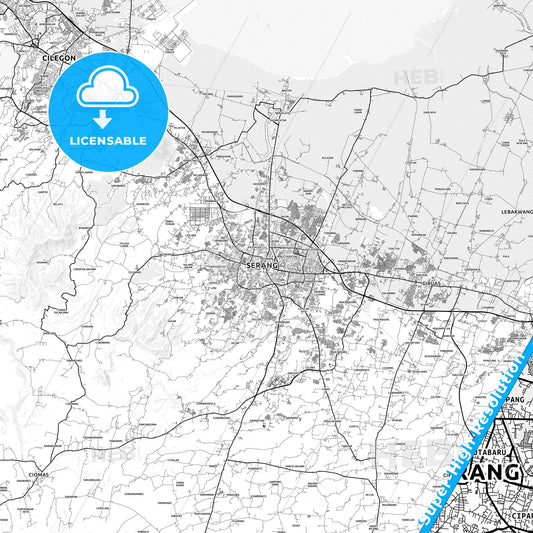 Serang, Indonesia light map with streetnames, citynames and districts
